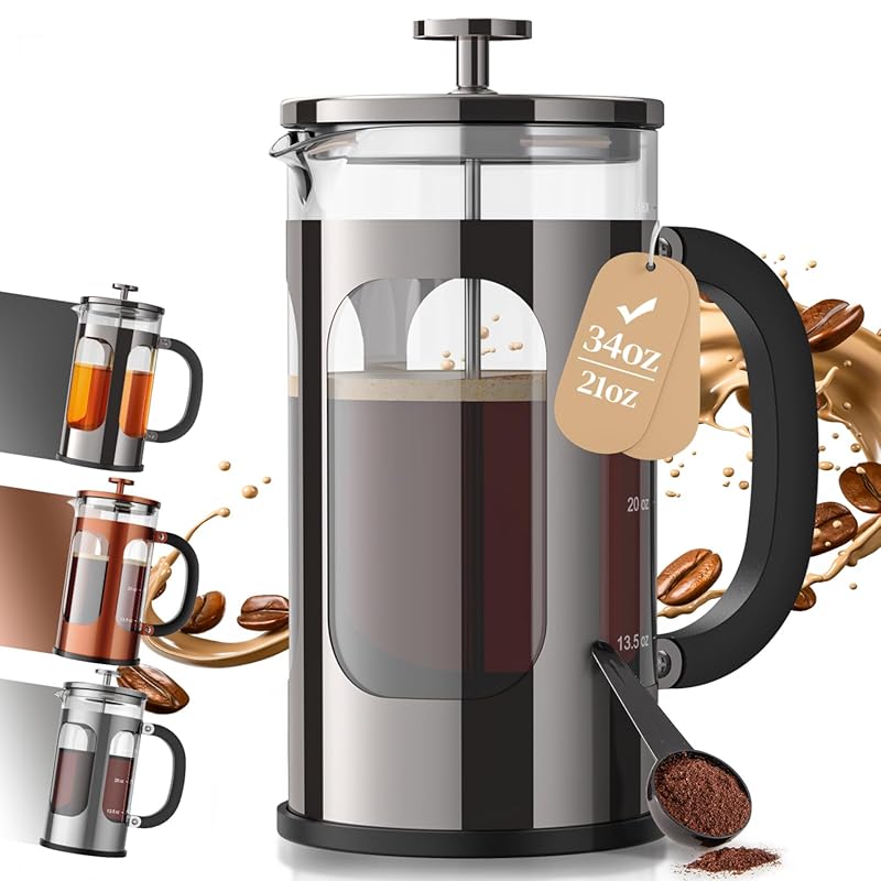 Veken 34oz Thickened Glass & Stainless Steel French Press Coffee Maker
