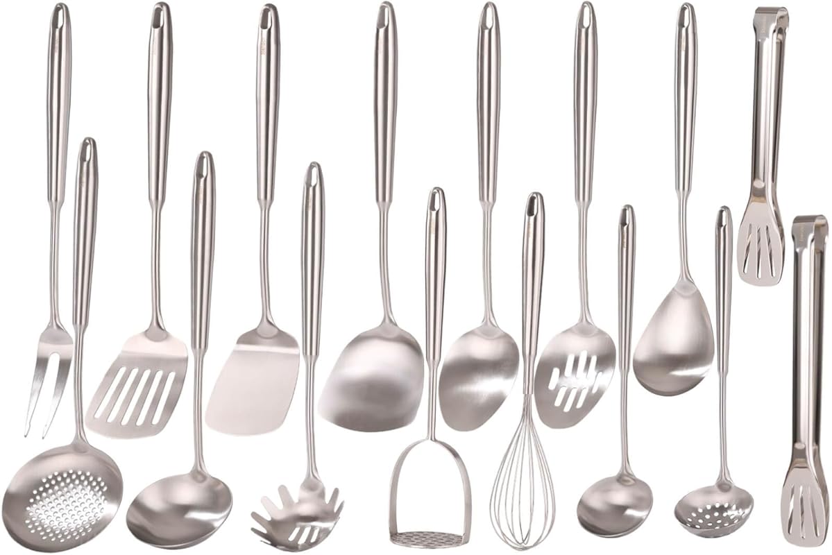 Premium 18/10 Stainless Steel Cooking Utensils Set - 16 All-Metal Kitc