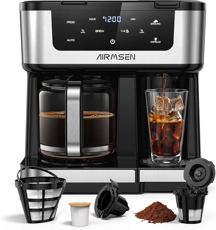 AIRMSEN 12-Cup Programmable Dual Coffee Maker for K-Cups & Ground, Fas