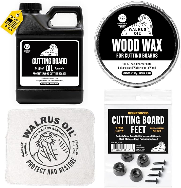 WALRUS OIL Food-Safe Cutting Board Conditioner, Wood Wax, Feet & Rag K