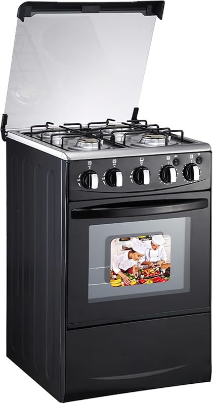 Gas Range with 4 Burners, Double-Layer Glass Door, Cast Iron Rack, 60L