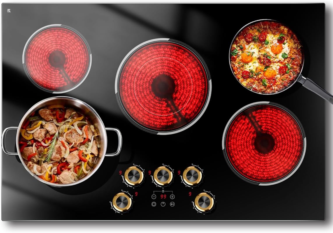 30 Inch Electric Cooktop, 5 Burner Ceramic, 8500W, Built-in, Knob/Touc