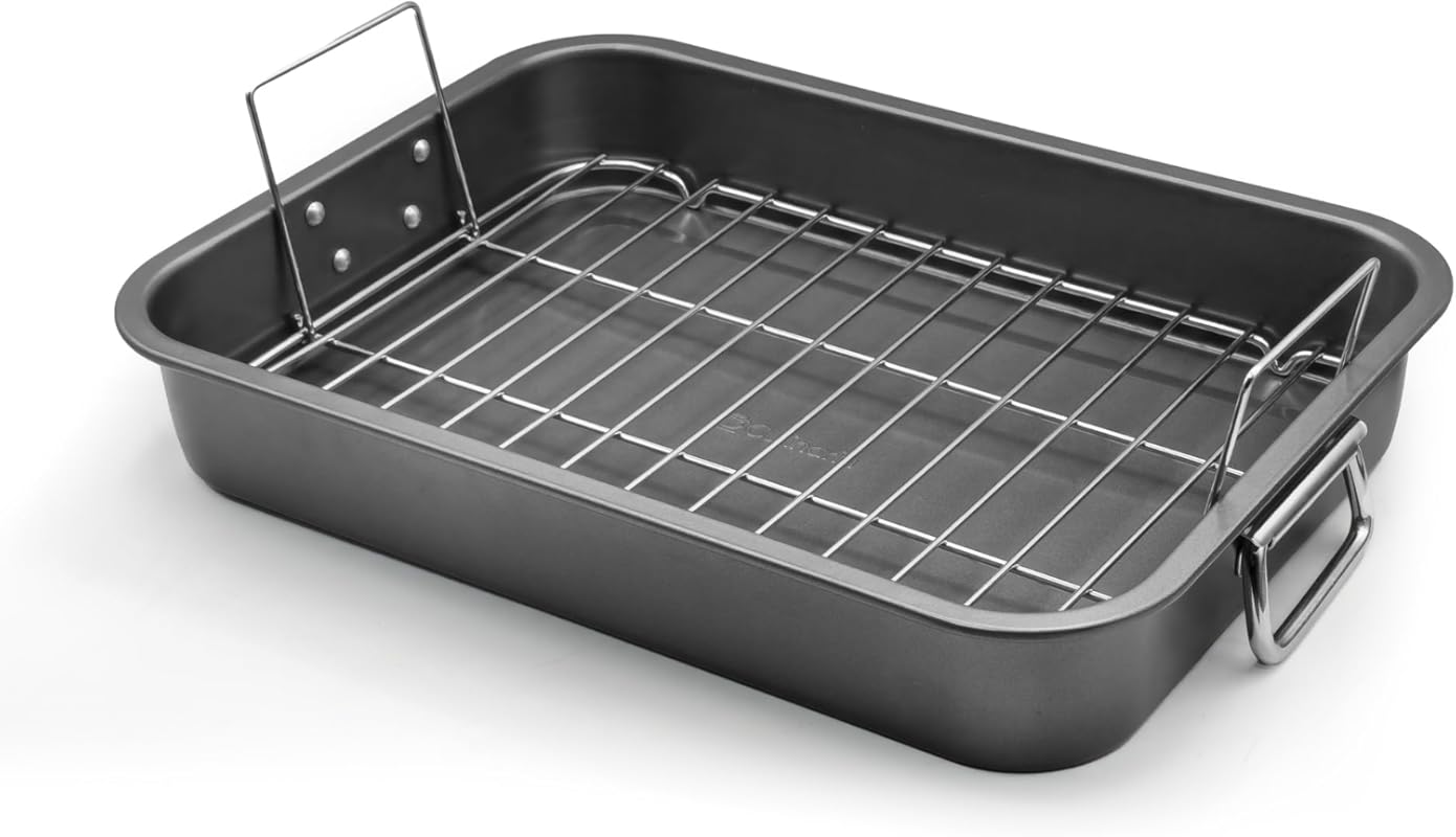Large 12x16 Inch Non-Stick Roasting Pan with Rack & Foldable Handles, 