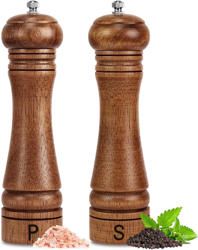 Oak Wood Salt & Pepper Grinder Set, 8-inch Refillable, Adjustable Cera