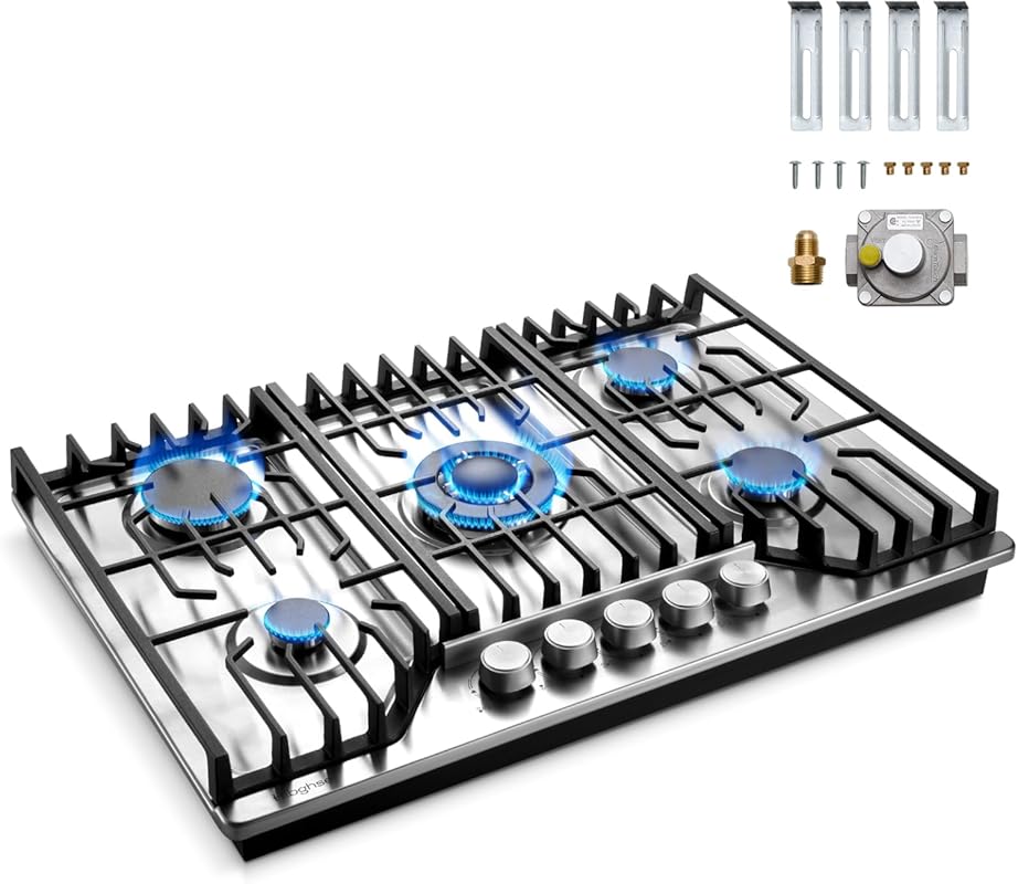 34-inch Built-in Gas Cooktop, 5 Sealed Burners, NG/LPG Convertible Sta