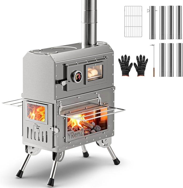 2-in-1 Stainless Steel Tent Stove with Oven, Dual-Use Outdoor Camping 