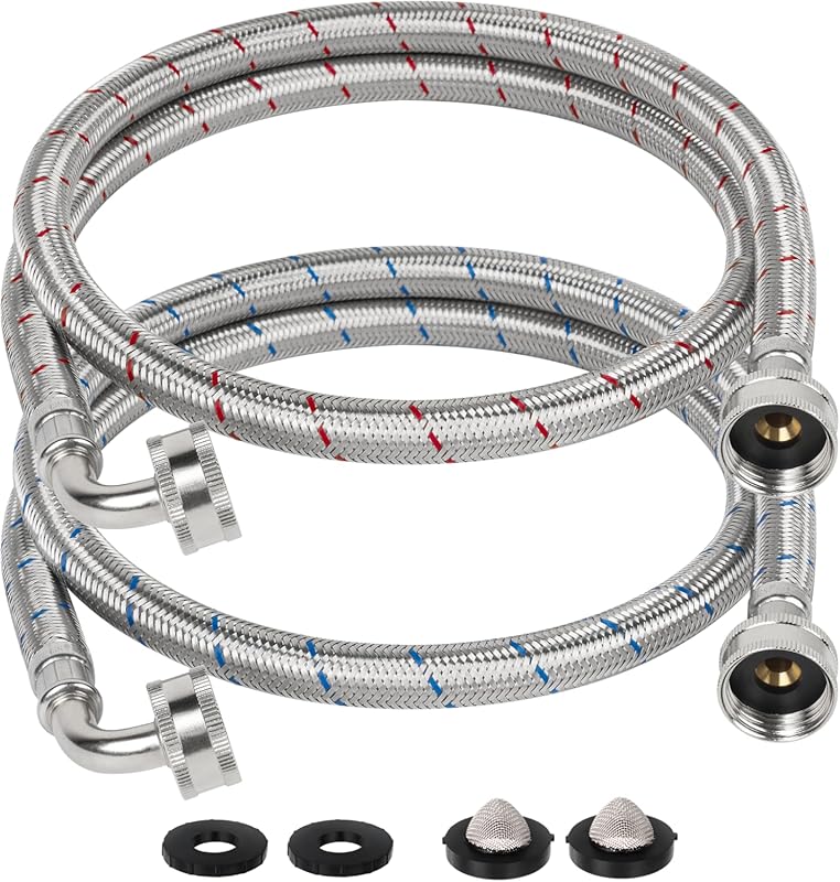 4 FT Stainless Steel Braided Washer Hoses, 90 Degree Elbow, Red & Blue