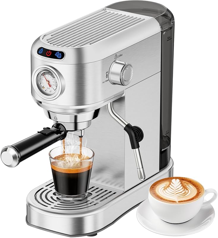 Compact 20 Bar Espresso Machine with Steam Milk Frother, Stainless Steel Coffee Maker & 34oz Water Tank