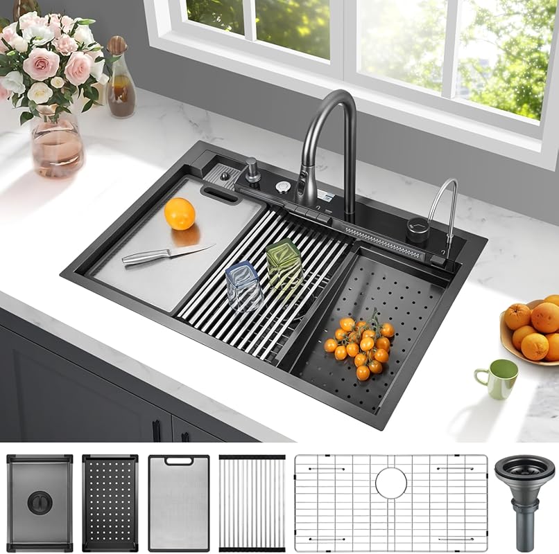 Gunmetal Black 33x22 Smart Waterfall Drop-In 16 Gauge Stainless Steel 