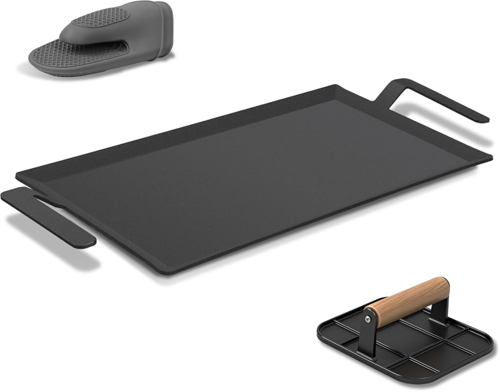 Carbon Steel Double Burner Griddle with Grill Press – Pre-seasoned, Ni