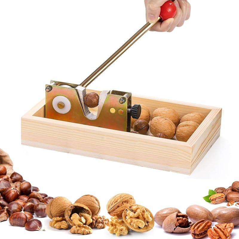 Heavy Duty Adjustable Nut Cracker Tool with Wooden Base for Walnuts, P