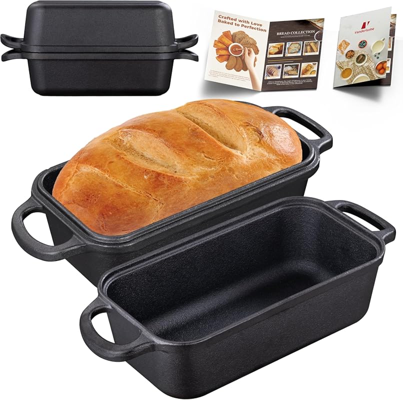 Cast Iron 9x5 Inch Loaf Pan with Lid, 2-in-1 for Even Heat Sourdough B