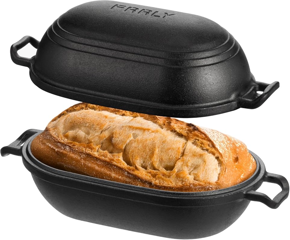 Pre-Seasoned Cast Iron Oval Loaf Pan with Lid, 9x5.8 Inch, Heavy Duty 
