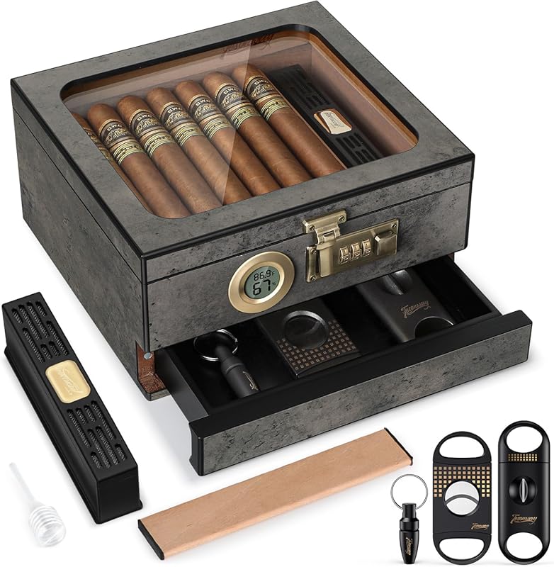 Cedar Wood Glass Top Desktop Cigar Humidor: Digital Thermo-Hygrometer,