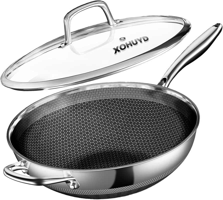 13-Inch Nonstick Stainless Steel Wok Pan with Lid for All Cooktops, Di