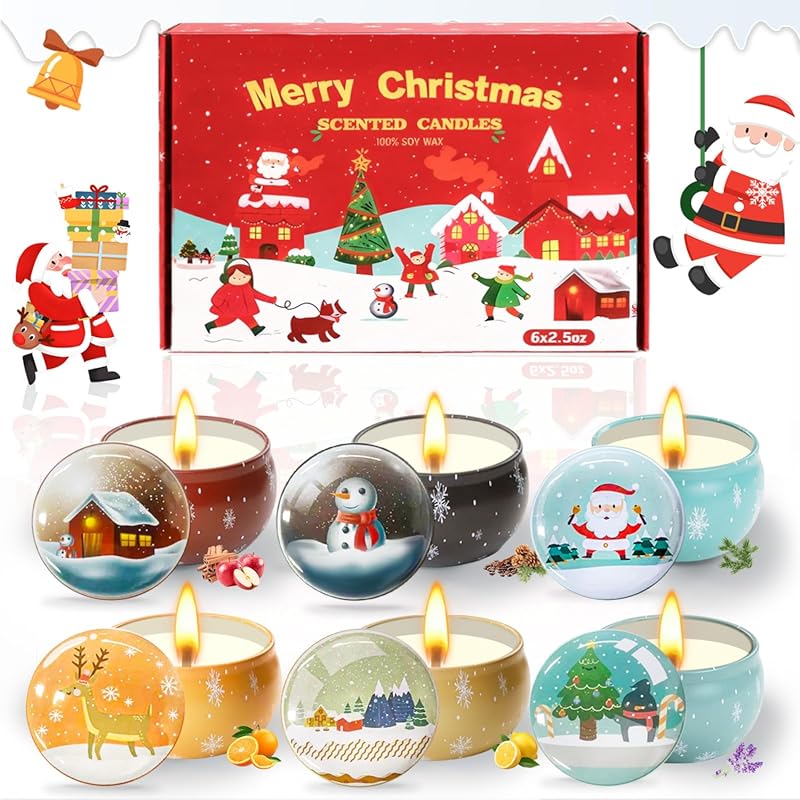 6-Pack Christmas Scented 100% Natural Soy Wax Candles, Long Lasting Ja