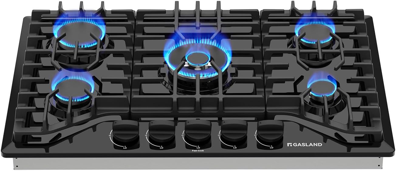 GASLAND 30-inch Black Built-in Gas Cooktop, 5-Burner NG/LPG Convertibl