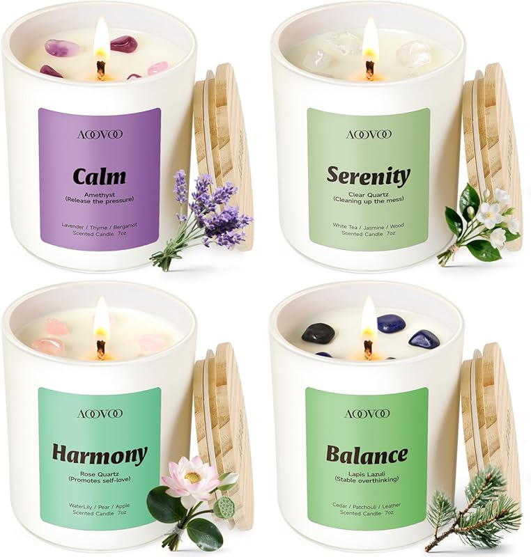 AOOVOO Calm Scented Candles Set for Women – 4 Pack Aromatherapy, Cryst