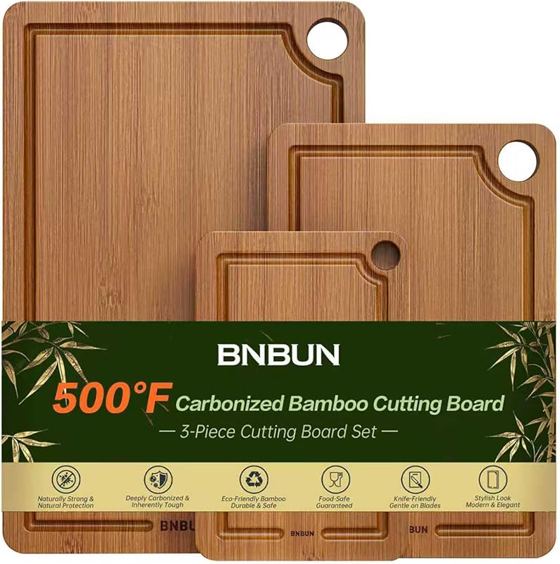 Bamboo Cutting Board 3-Piece Set with Juice Grooves, Side Handles and 