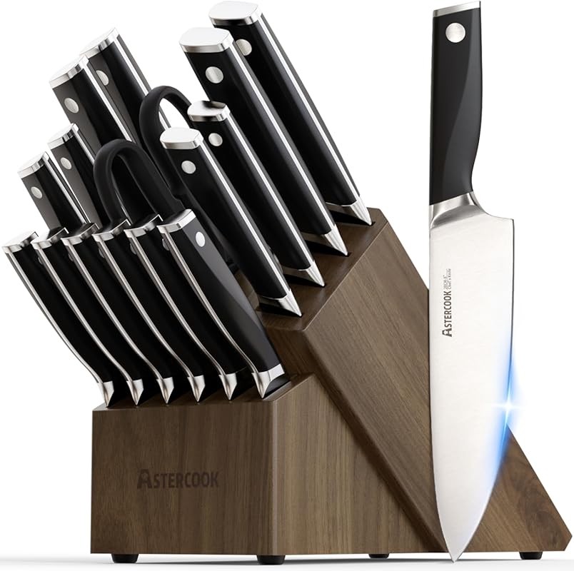 Astercook 17-Piece German Stainless Steel Knife Set with Block, Sharpe