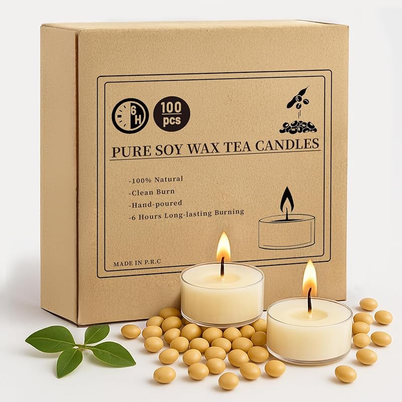 Crenovo Natural Soy Wax Tea Light Candles, 100 Pack, 6 Hour Long Burni