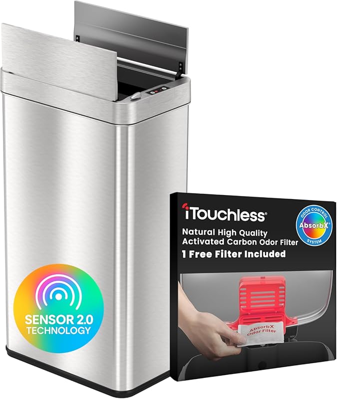 iTouchless 18 Gallon Sensor 2.0 Wings Open Stainless Steel Kitchen Tra