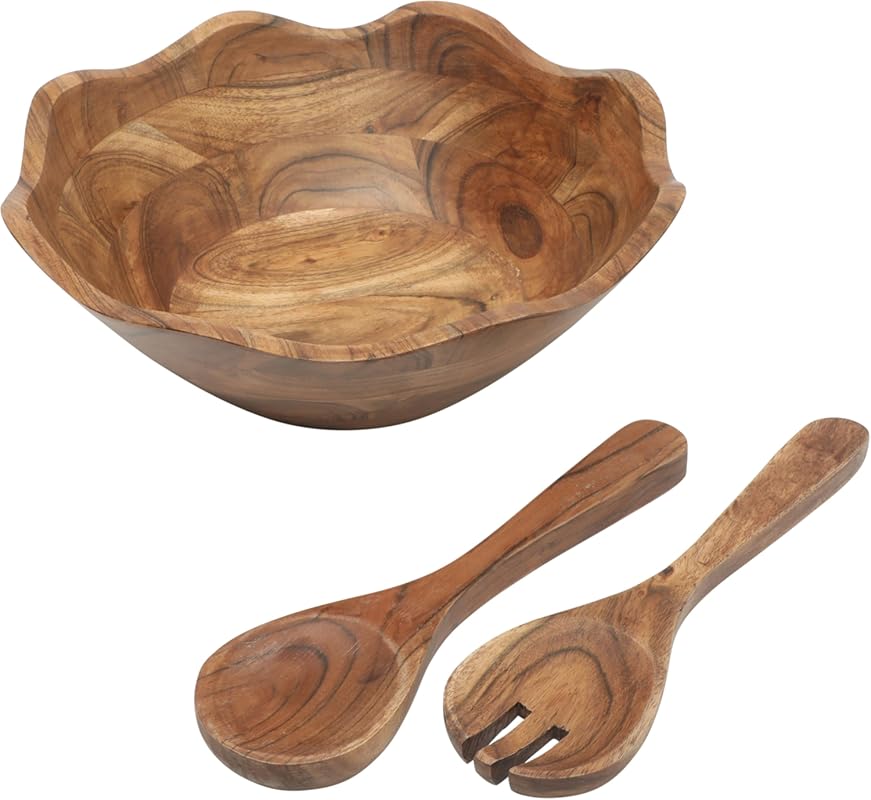 Gibson Home Sandhurst 3-Piece Acacia Wood Salad Bowl Set, 12-Inch Scal