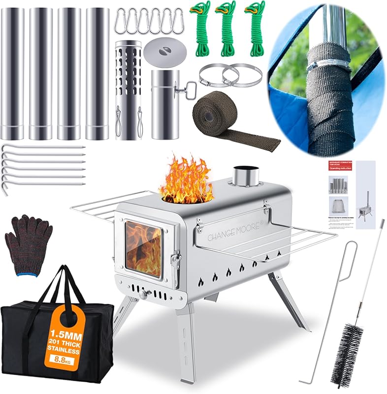 CHANGE MOORE Portable Wood Burning Tent Stove, Secondary Burn Design, 