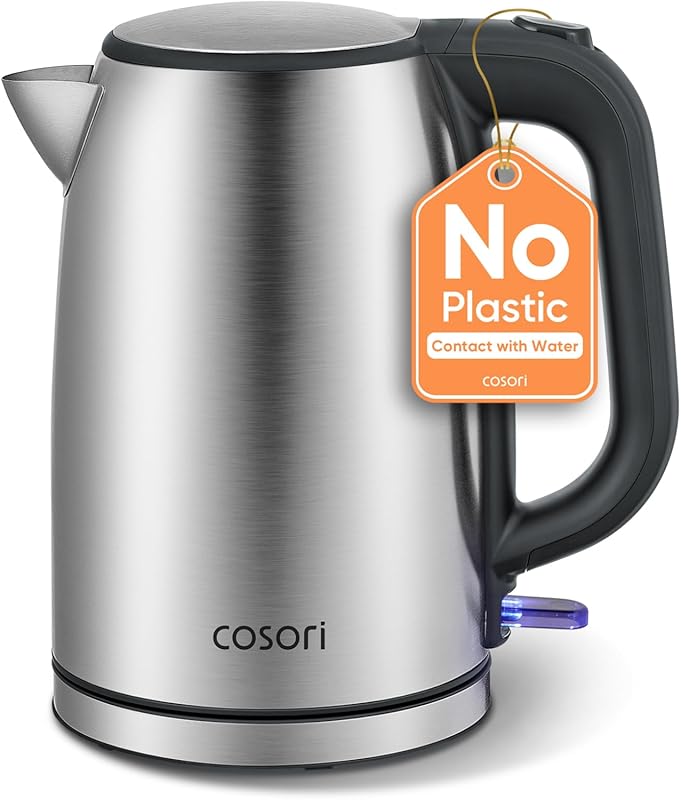 COSORI 1.7L Stainless Steel Electric Kettle: Plastic-Free, 2 Lid Angle