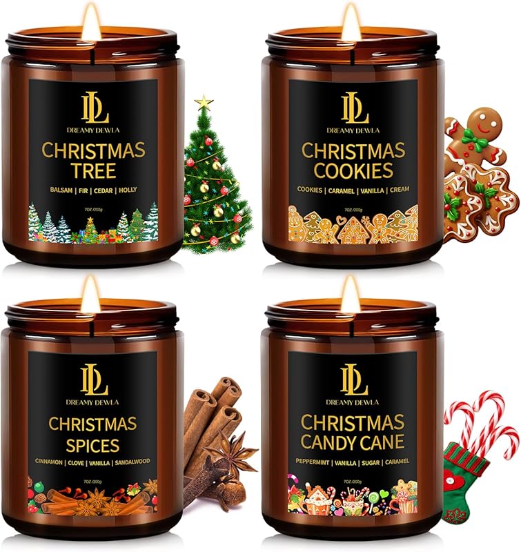Holiday Candle Set, 4 Pack Scented Soy Candles for Home, Christmas Tre