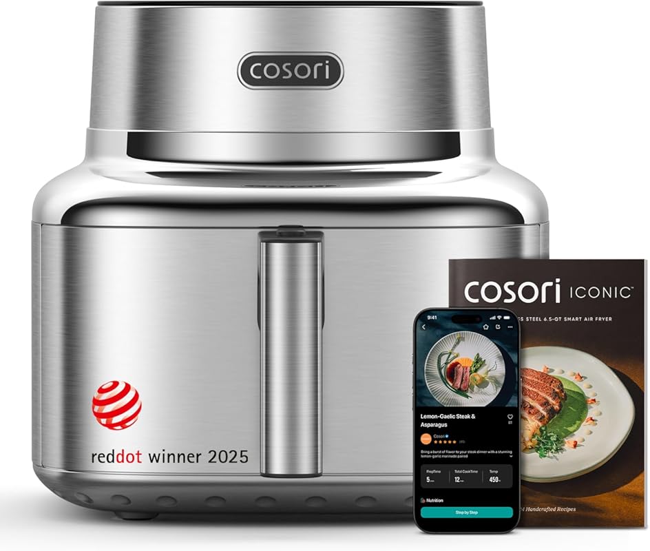 Cosori Iconic 6.5 Qt Smart Air Fryer, Stainless Steel with PFAS-Free C
