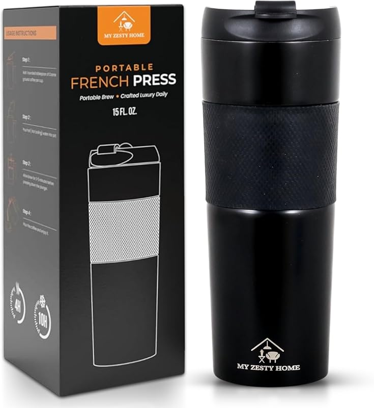 Black 15oz Travel French Press Coffee Mug, Double-Walled Vacuum Insula