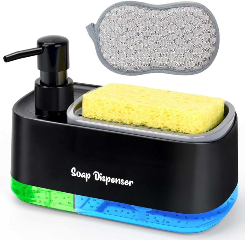Black 3-in-1 Kitchen Dual Soap Dispenser Set: Countertop Organizer, Sp