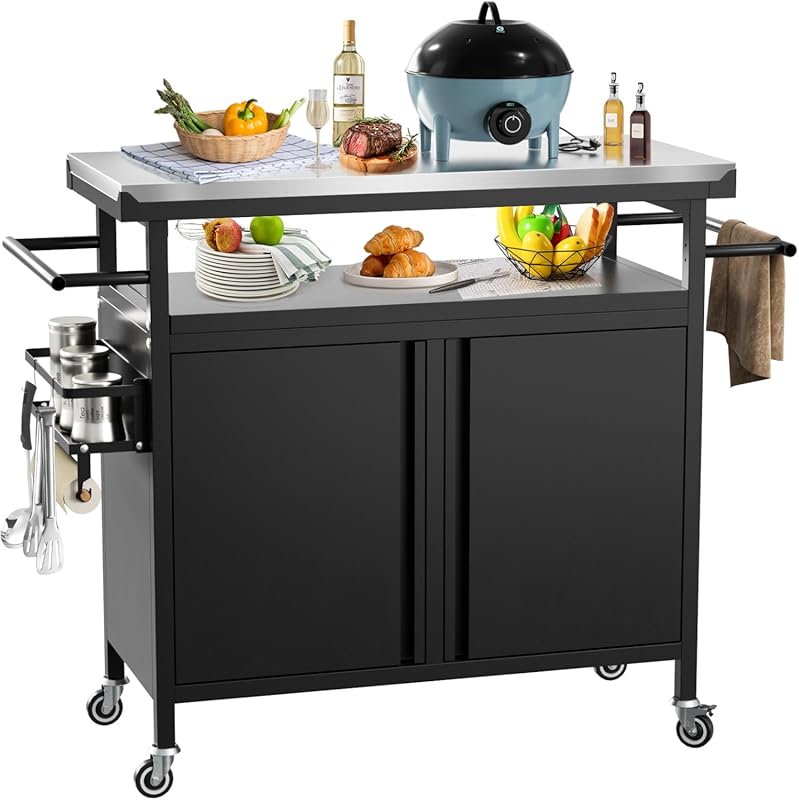 XL Portable Outdoor Grill Cart with Stainless Steel Top and Storage Ca