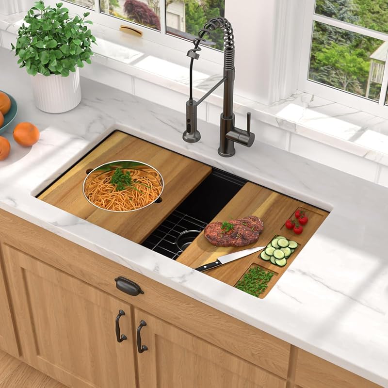 33-inch Matte Black Granite Composite Undermount Workstation Kitchen S