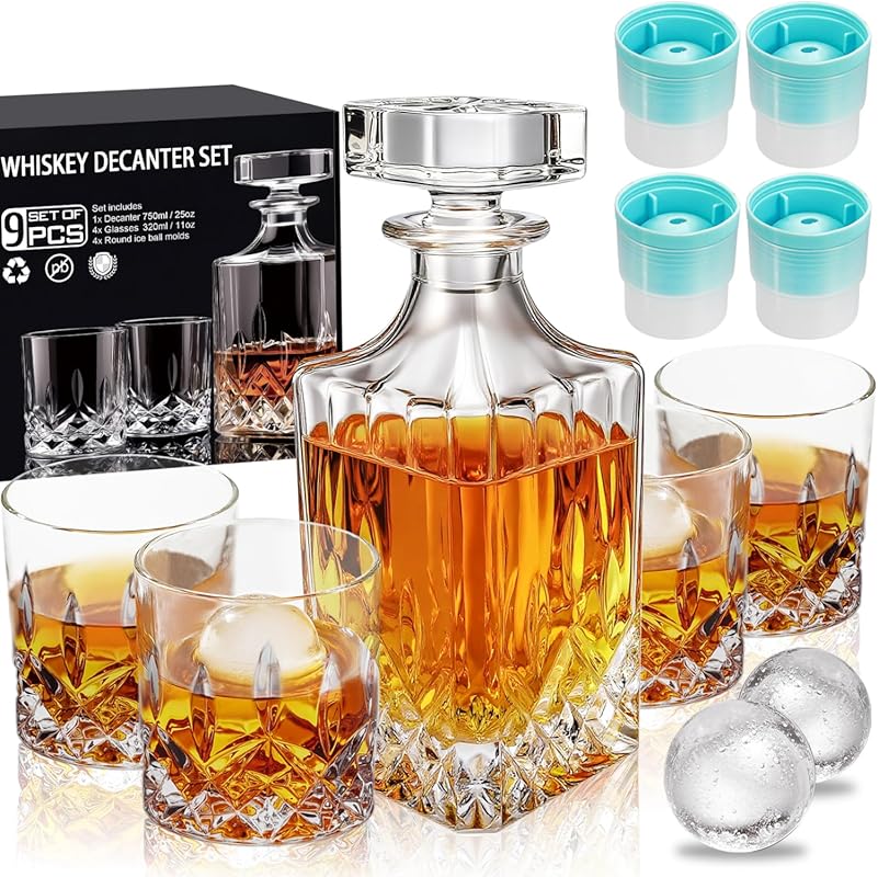 Lead-Free Whiskey Decanter Set with 4 Crystal Glasses for Men, Great B