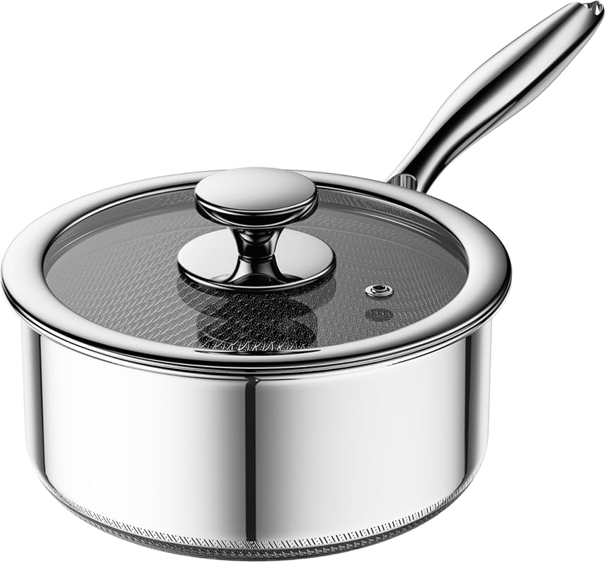 1 Quart Stainless Steel Hybrid Nonstick Saucepan with Glass Lid, PFOA/