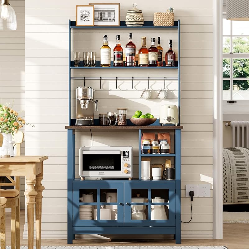 ChooChoo Farmhouse Coffee Bar Cabinet with Power Outlets and Storage, 