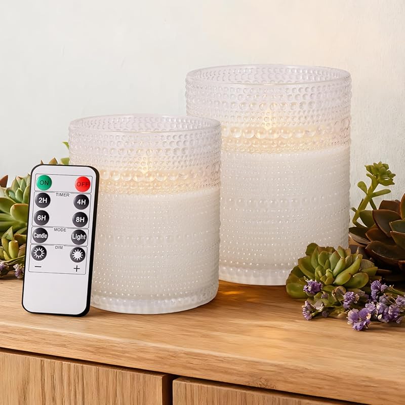 White Dotted Glass Flameless LED Pillar Candles with Remote Timer, Rea