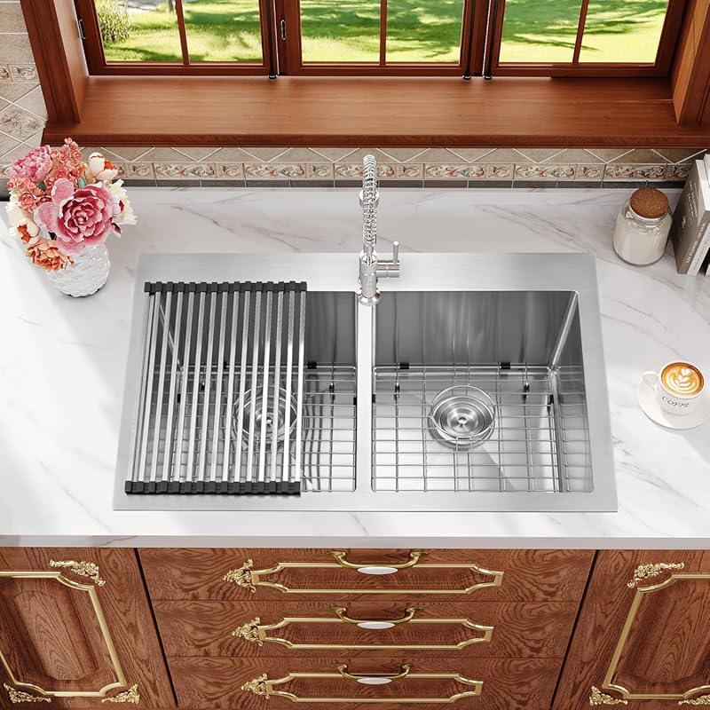 Rhbamoa 33x22 Inch Double Bowl Drop-In Kitchen Sink, 16-Gauge T304 Sta