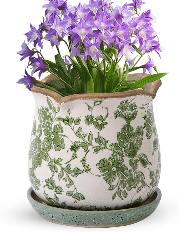 6 Inch Vintage Ice Crack Glaze Ceramic Planter Pots with Drainage & Sa