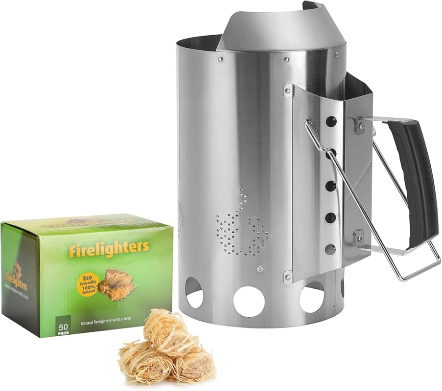 onlyfire Stainless Steel Charcoal Chimney Starter Kit with 50 Starters