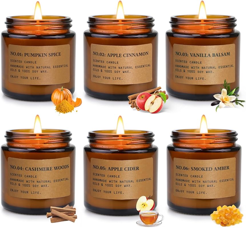 Long-Lasting Fall Scented Soy Wax Candles (6x3.5oz) for Home, 150+ Hou
