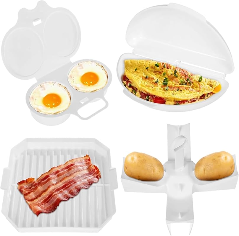 4pcs Easy Breakfast Set: Microwave Egg Cooker, Omelet Maker, Bacon Gri