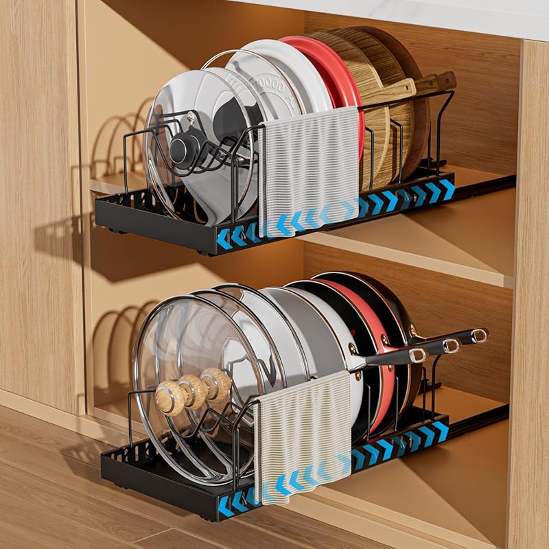 2 Pack Pull-Out Pots and Pans Organizer Under Cabinet with 8 Adjustabl