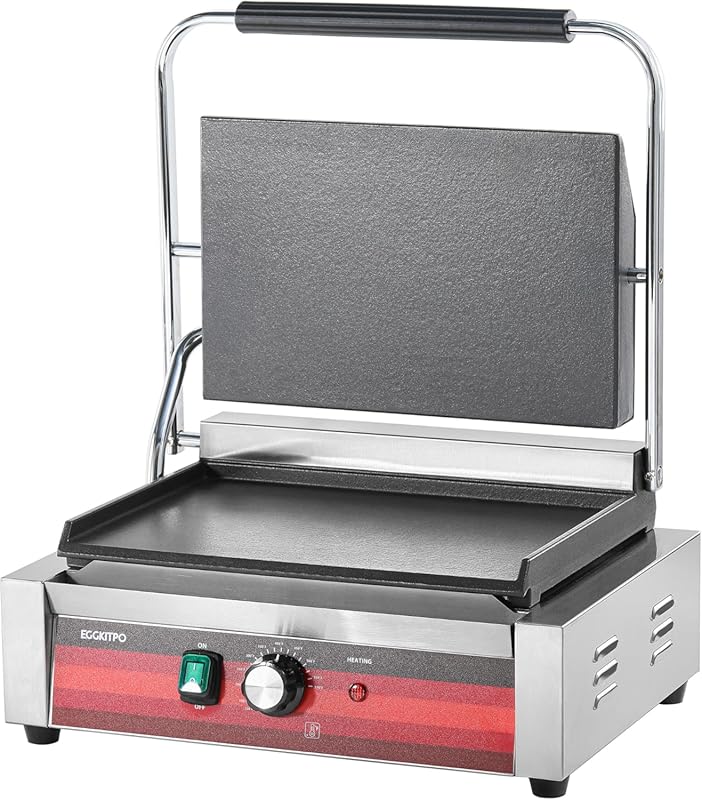 EGGKITPO Commercial Electric Panini Grill with Flat Cast Iron Enamel P