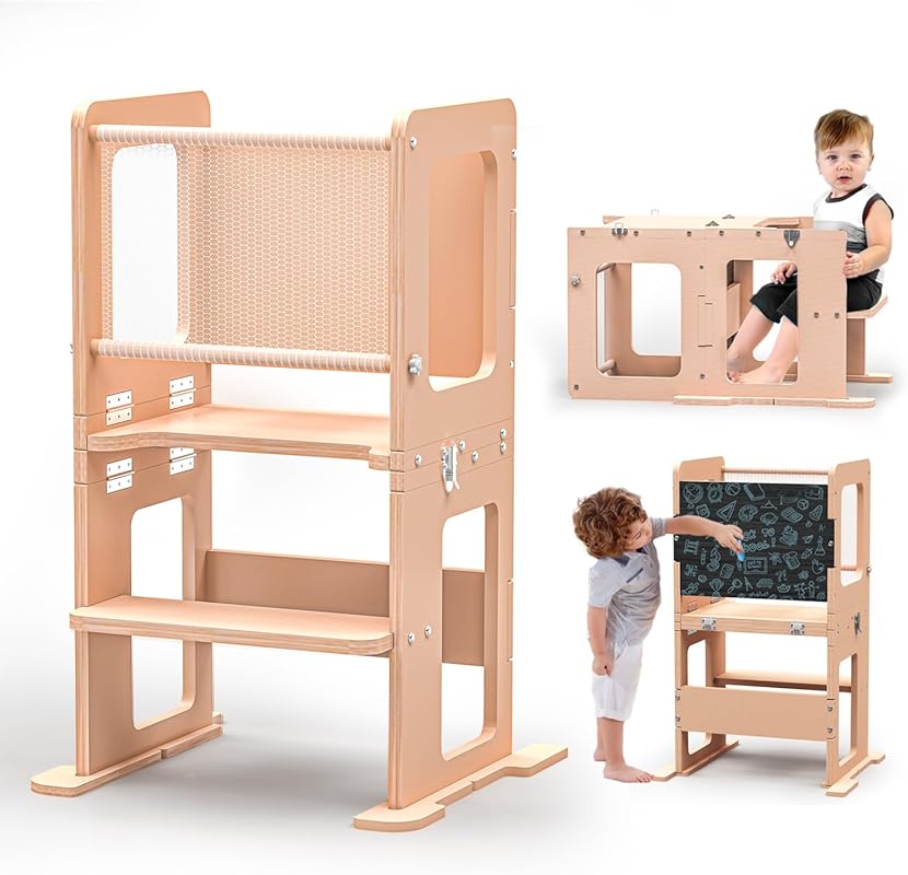 3-in-1 Wooden Toddler Kitchen Standing Tower & Step Stool with Chalkbo