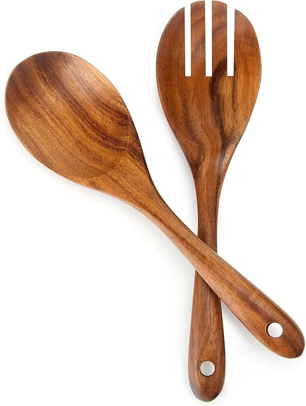 Natural Wood 10-inch Salad Tongs and Spoons Serving Utensils Set for K