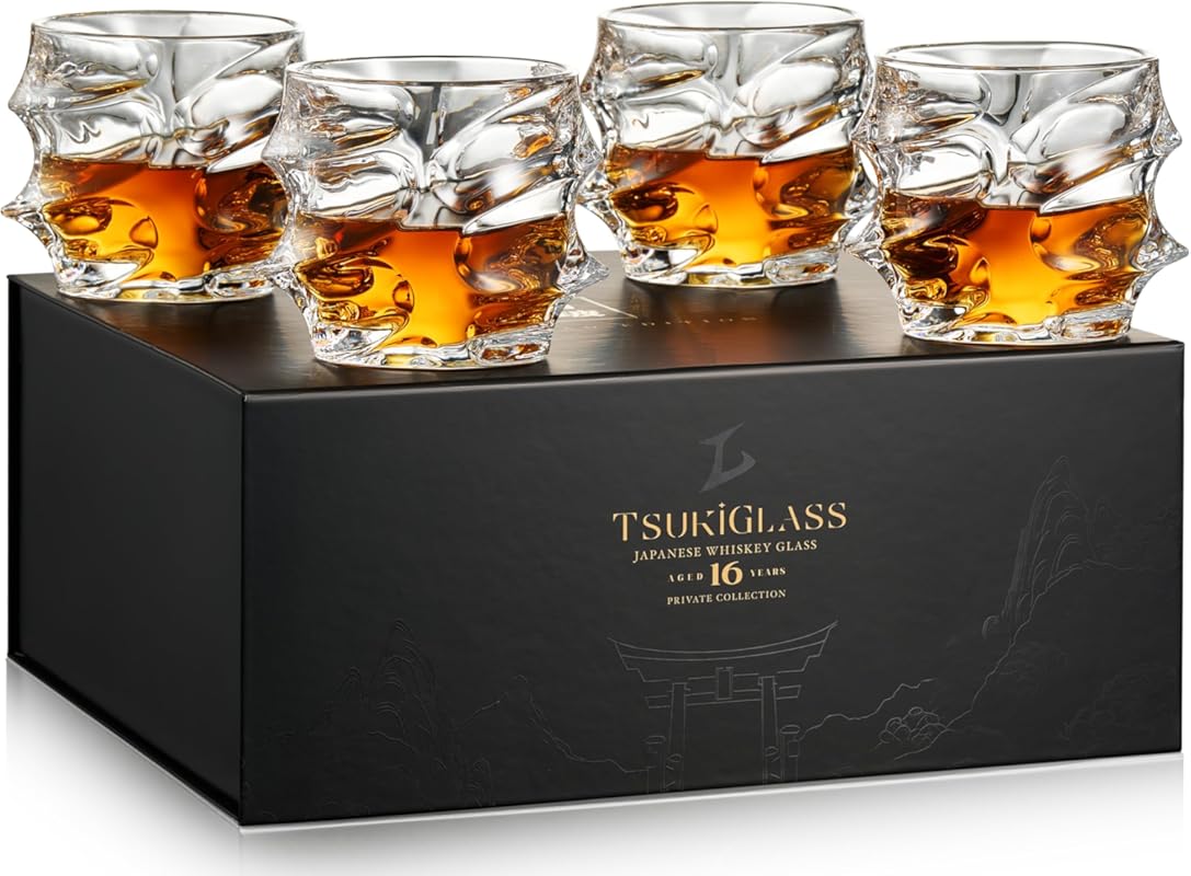 TSUKIGLASS® Storm Japanese Crystal Whiskey Glasses Set of 4, 10oz Lead