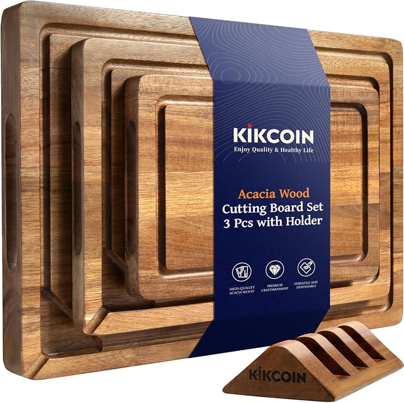 Kikcoin 3-Piece Wood Cutting Board Set with Holder, Juice Groove & Com